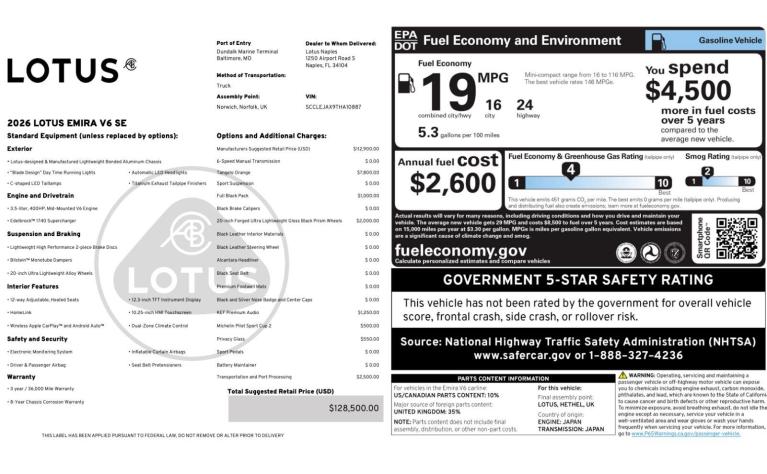New 2026 Lotus Emira V6 SE for sale $128,500 at Naples Motorsports Inc - Morgan of Naples in Naples FL 34104 3