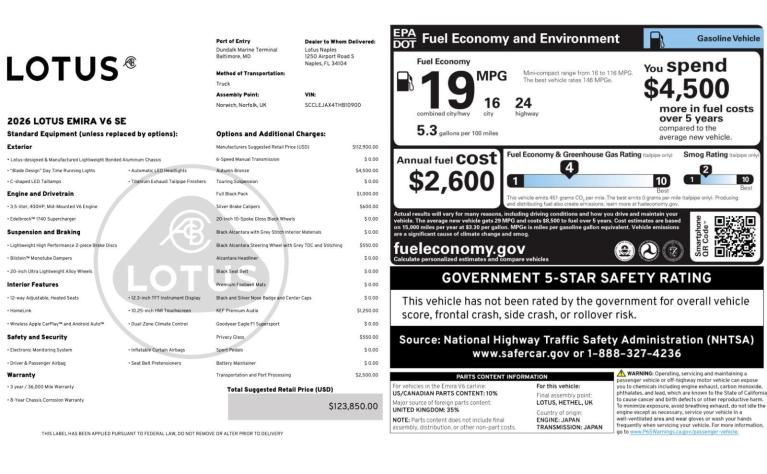 New 2026 Lotus Emira V6 SE for sale $123,850 at Naples Motorsports Inc - Morgan of Naples in Naples FL 34104 3