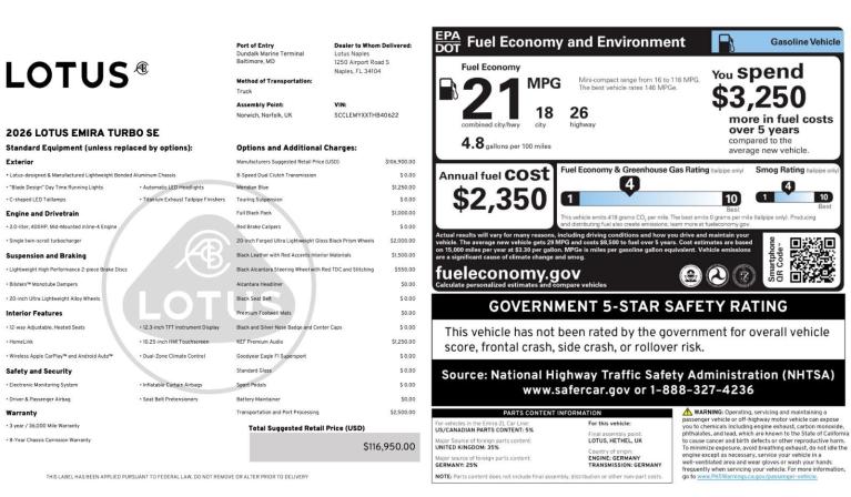 New 2026 Lotus Emira Turbo SE for sale $116,950 at Naples Motorsports Inc - Morgan of Naples in Naples FL 34104 3