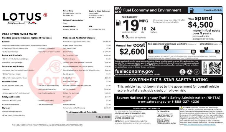 New 2026 Lotus Emira SCURA V6 SE for sale $132,050 at Naples Motorsports Inc - Morgan of Naples in Naples FL 34104 3
