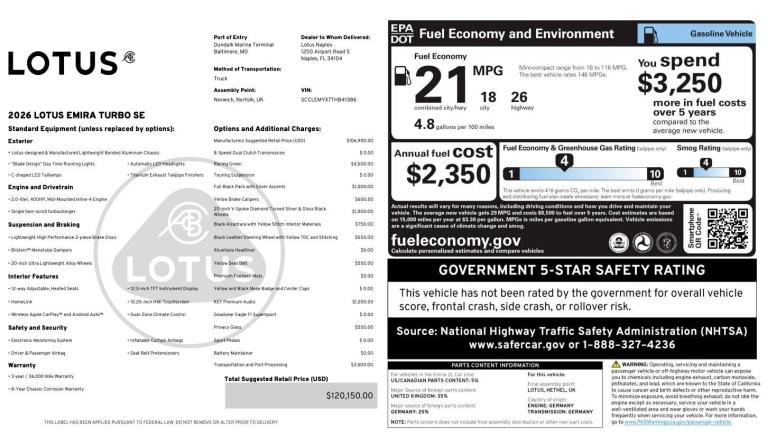 New 2026 Lotus Emira Turbo SE for sale $120,150 at Naples Motorsports Inc - Morgan of Naples in Naples FL 34104 3