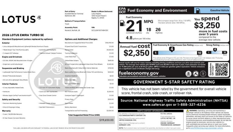 New 2026 Lotus Emira Turbo SE for sale $119,650 at Naples Motorsports Inc - Morgan of Naples in Naples FL 34104 3