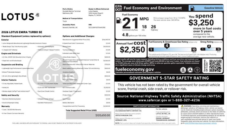 New 2026 Lotus Emira Turbo SE for sale $120,650 at Naples Motorsports Inc - Morgan of Naples in Naples FL 34104 3