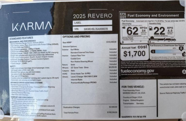 New 2025 Karma Revero Label for sale $150,249 at Naples Motorsports Inc - Morgan of Naples in Naples FL 34104 3