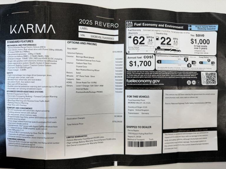 New 2025 Karma Revero Label for sale $150,249 at Naples Motorsports Inc - Morgan of Naples in Naples FL 34104 3