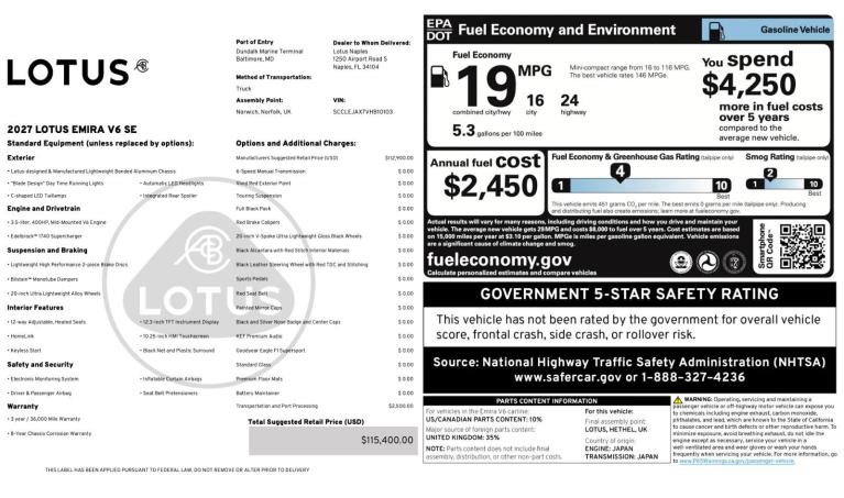 New 2026 Lotus Emira V6 SE for sale $115,400 at Naples Motorsports Inc - Morgan of Naples in Naples FL 34104 3